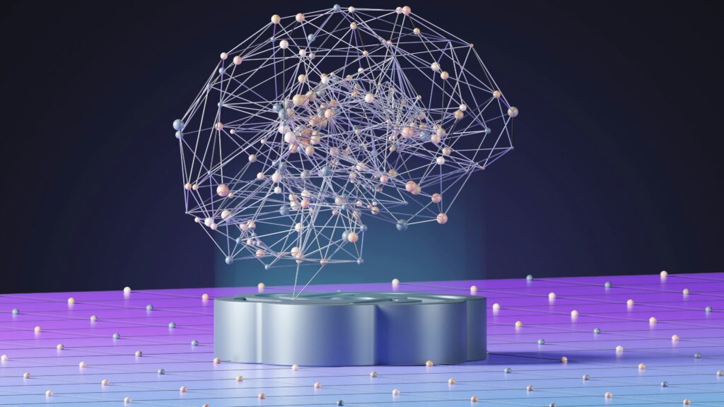 A futuristic AI concept with neural networks and digital brain visualization.