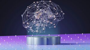 A futuristic AI concept with neural networks and digital brain visualization.